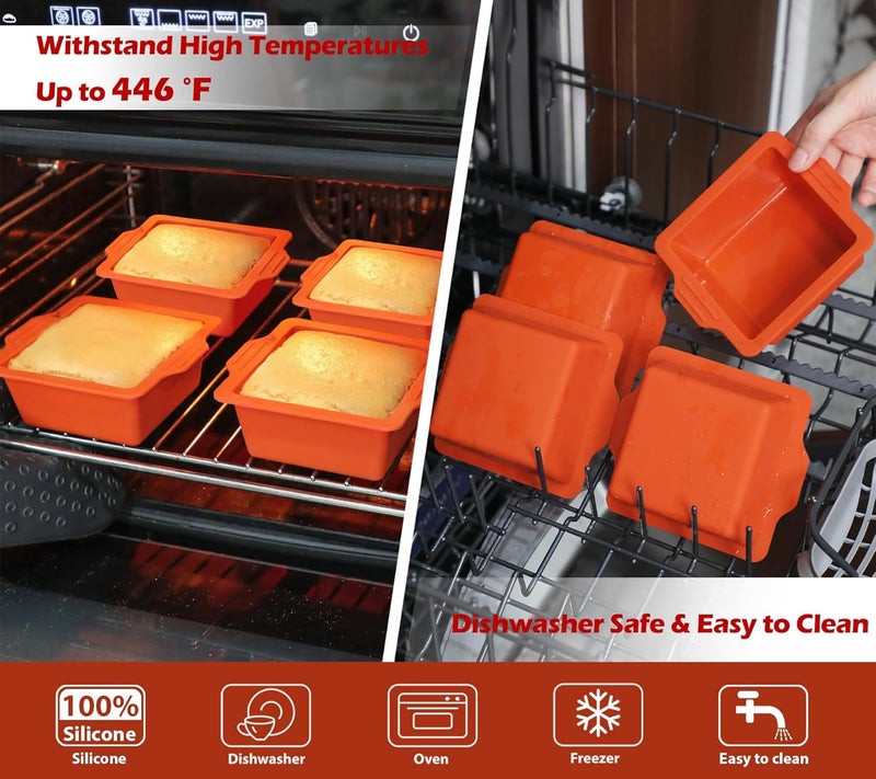 Webake 4 Inch Silicone Square Cake Pans, Nonstick Mini Square Silicone Molds for Baking, Ice Cube, Jelly, Soap, BPA Free Set of 4 - Image 5